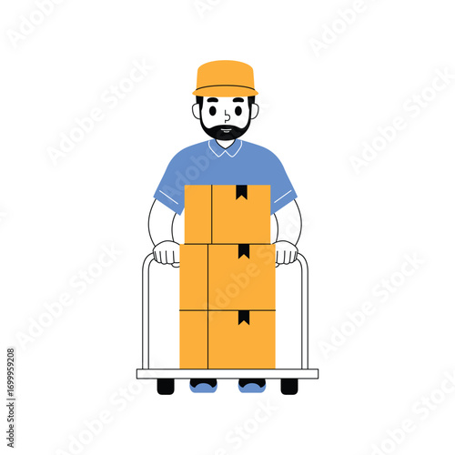 Delivery Person Pushing a Cart Stacked High with Orange Cardboard Boxes, Wearing a Blue Shirt and Yellow Cap