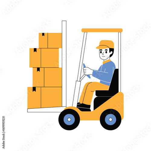 Cartoon Forklift Driver Operating a Yellow Forklift with Stacked Orange Boxes in a Warehouse Environment