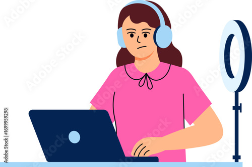 Young Woman Wearing Headphones Working on a Laptop with a Ring Light, Depicting Content Creation and Remote Work Lifestyle
