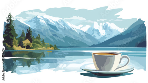 A digital painting or illustration depicting a tranquil scene of a mountain lake with snow-capped mountains in the background.  A cup and saucer of coffee rest in the foreground on a seemingly