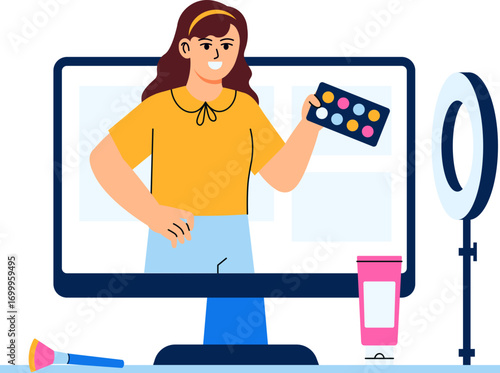 Young Woman Holding Makeup Palette and Tube of Product in Front of a Computer Screen with a Ring Light Nearby, Illustrating Online Beauty Content Creation