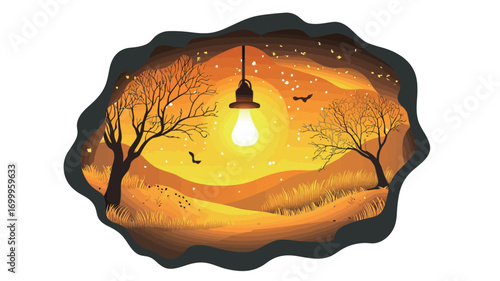 The image is a digital painting or illustration depicting a landscape scene contained within an irregular, dark-colored frame. The landscape shows a stylized sunset or sunrise with orange 