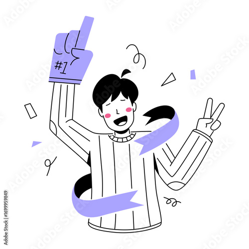 A Purple Foam Finger with 1 Written on It, Against a Black Background, Conveying a Message of Success and Victory