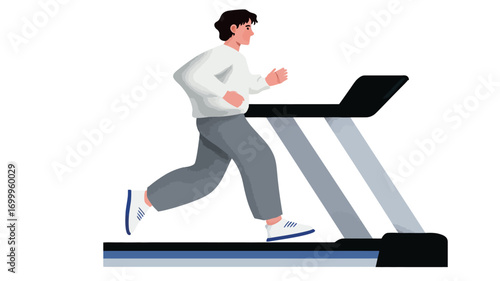 A simple, flat vector illustration depicting a man running on a treadmill. The illustration is minimalistic with a white background. The man is shown in profile view, wearing casual athletic wear