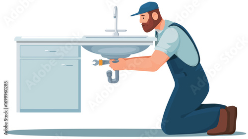 A vector illustration depicting a male plumber kneeling and working on a sink's plumbing.  The plumber is cartoon-style, with a beard and wearing blue overalls and a cap.