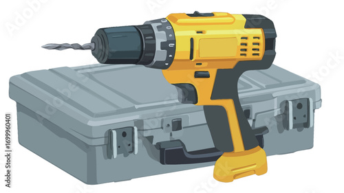 Close-up studio shot of a yellow cordless drill resting on a gray plastic carrying case. The drill is angled slightly to the left, and its bit is extended. The case is rectangular with a handle