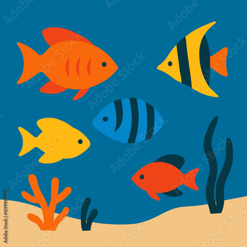 A colorful cartoon illustration of various fish swimming underwater with seaweed and coral on the seabed.