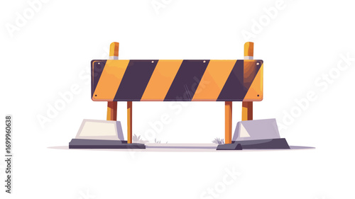 A digital illustration of a road closed barrier. The barrier is rectangular with alternating black and yellow diagonal stripes. It is supported by two short, block-like bases.
