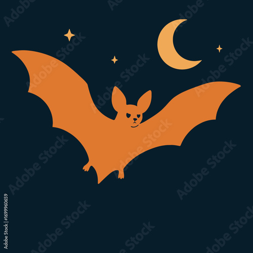 Create a detailed description, between 6 words and 180 characters, without keyword lists.     *   "An orange bat with large wings flying at night under a crescent moon and stars.".