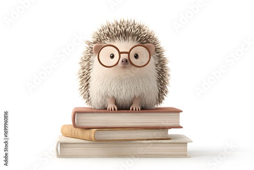 A hedgehog sitting on a pile of books with tiny glasses, reading seriously, 3d animation, isolated on a white background