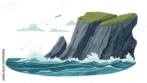 The image is a vector illustration depicting a dramatic coastal scene.  The focal point is a large, dark gray rocky cliff formation, partially covered with green vegetation at the top, standing