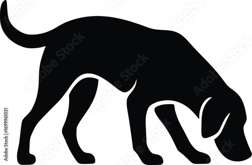 vector silhouette, sniffing dog head down, side view, solid black