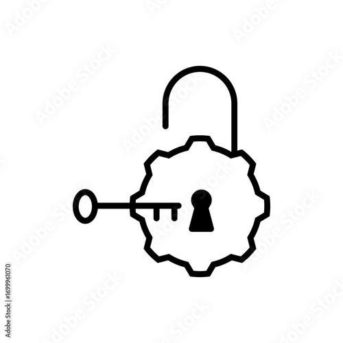 A line drawing depicts an unlocked padlock shaped like a gear, with a key inserted into the keyhole