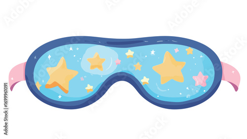 A digital illustration of a sleeping eye mask. The mask is predominantly blue with a navy blue border. It is decorated with yellow stars, small white dots, and light pink circles