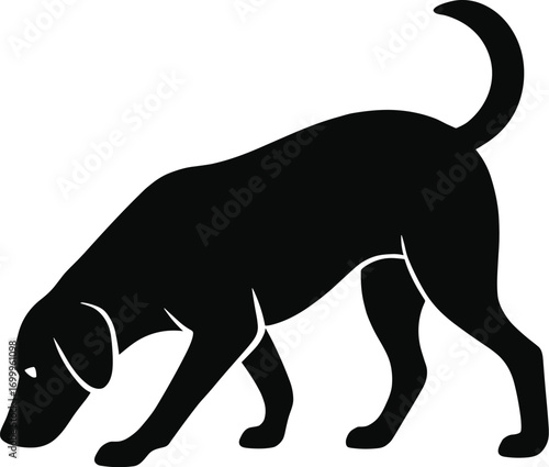 vector silhouette, sniffing dog head down, side view, solid black