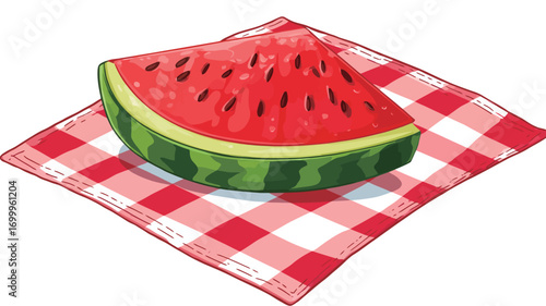 A digital illustration of a single, juicy slice of watermelon resting on a red and white gingham napkin. The watermelon is depicted in a cartoonish style with bright red flesh, black seeds