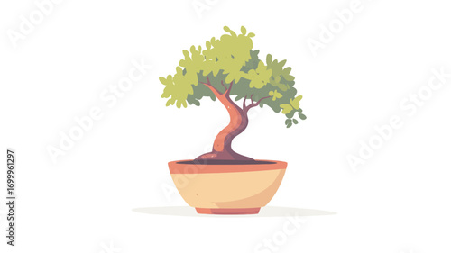 A digital illustration of a bonsai tree in a light beige/terracotta colored pot. The tree is depicted in a stylized, cartoon-like manner with slightly exaggerated features. 
