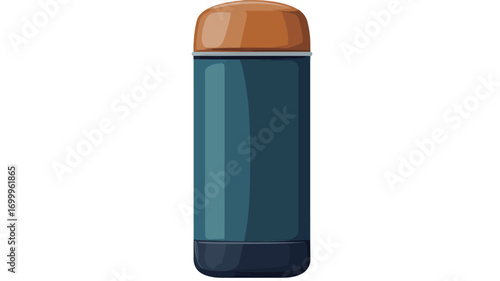 A studio shot of a teal-colored insulated water bottle with an orange lid. The bottle is cylindrical with a slightly rounded top and bottom.  The orange lid appears to be made of a different