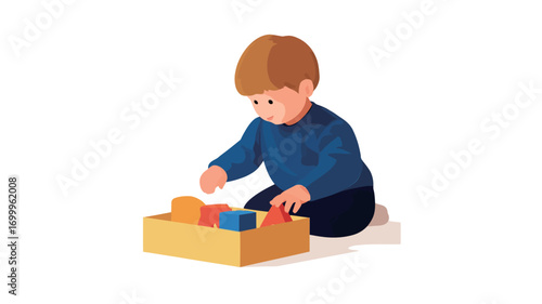 A digital illustration depicts a toddler, rendered in a cartoon style, sitting on the floor and playing with a set of colorful wooden building blocks inside a light brown wooden box. The child has