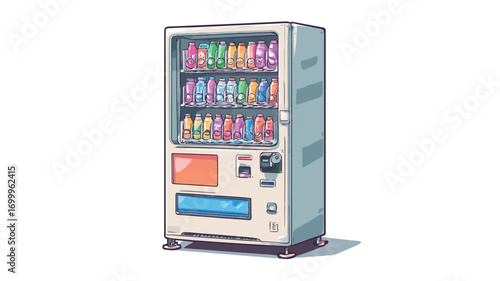 A digital illustration depicting a tall, slender vending machine rendered in a cartoon style. The machine is predominantly light gray and white, with a large transparent window showcasing rows of