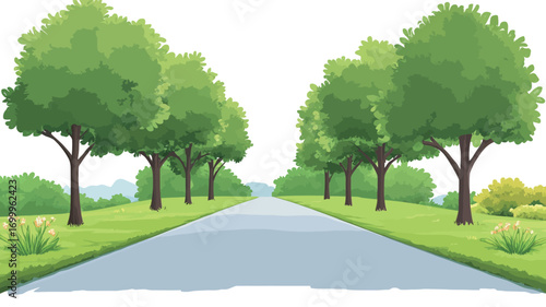 Digital illustration depicting a straight asphalt road lined with lush green deciduous trees on both sides.  The road leads towards a light-colored horizon. The grass is vibrant green, 