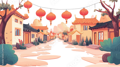 A digital illustration depicts a street scene in a traditional Chinese village. The style is cartoonish or flat design with warm pastel colors dominating the palette.  Several traditional-style