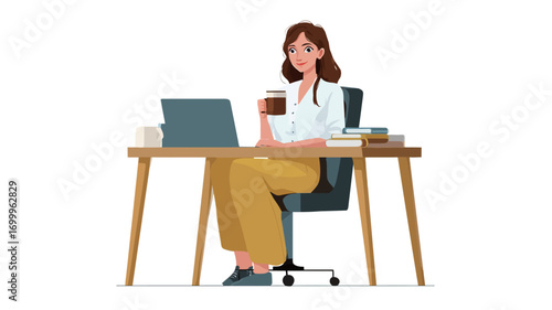A stylized cartoon illustration depicting a woman sitting at a desk in front of a laptop.  She is holding a cup of coffee. The desk is simple with a dark gray top and light brown legs