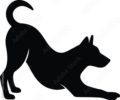 vector silhouette, stretching dog, side profile, solid black