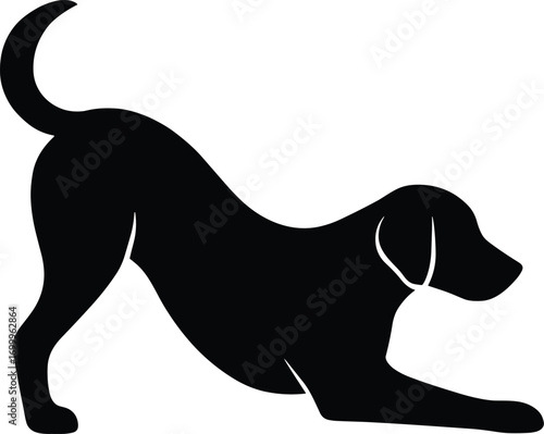 vector silhouette, stretching dog, side profile, solid black