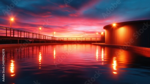 A stunning sunset paints the sky with rich colors reflected in calm water, complemented by warm lights along the pathway, creating a serene atmosphere for calm reflection.