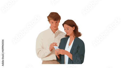 The image shows a medium shot of a young man and woman, appearing to be in their 30s or 40s, standing close together and carefully examining a small white document or piece of paper. 