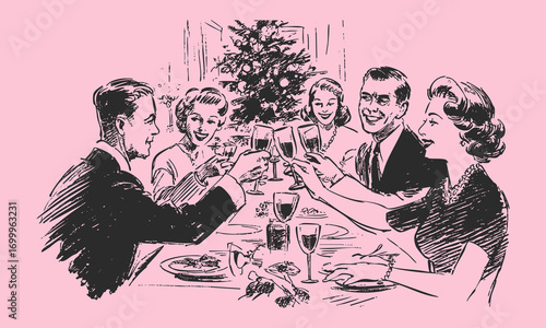 Vintage pencil drawing holiday illustration of friends raising glasses at festive dinner with Christmas tree, retro sketch celebration style.