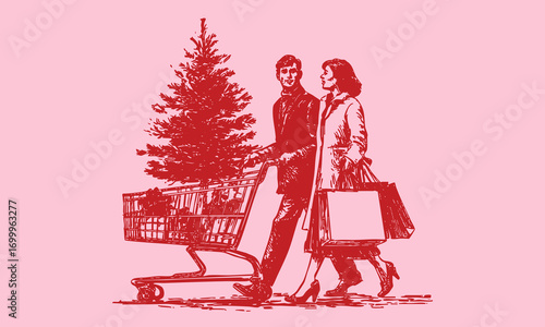 Retro chalk Christmas illustration of couple shopping with tree in cart, pencil drawing festive holiday consumerism in crayon sketch vintage style.