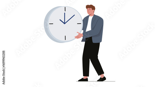 The image is a vector illustration depicting a stylized cartoon businessman in a grey blazer and black trousers walking and holding a large, simple white analog clock with a downward pointing