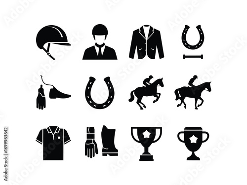 Horse Racing Icon Vector – Black Silhouette Symbol of Galloping Racehorse with Jockey, Equestrian Sport Competition Logo, Outline Artwork for Branding, Print, Web Design, Poster, Graphic Illustration
