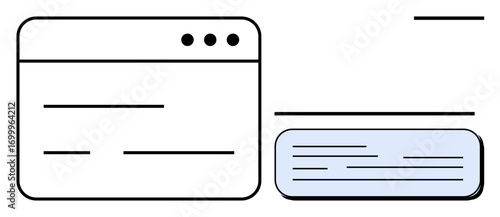 Web browser window with simple lines representing content, adjacent to a text chat box. Ideal for user interface, UX design, communication tools, chat systems, online interaction, web apps, simple