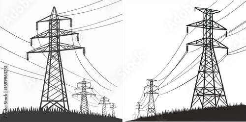 Electric pylons with high voltage cables and flying birds in countryside landscape, black EPS 10 vector silhouette illustration of electricity distribution network, energy grid, eps 10 vector file.