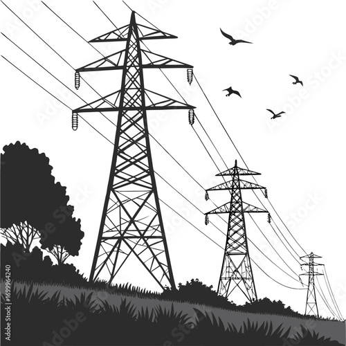 Electricity transmission towers in rural field under cloudy sky, EPS 10 black silhouette vector illustration of high tension power lines, modern energy grid system, and industrial utility vector file.