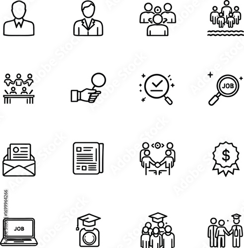 Black and white icon set of employment, job search, and career development concepts in grid format, professional vector illustration