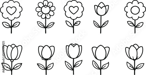 Black and white flower icon set with whimsical and symmetrical designs, minimalist botanical vector illustration grid