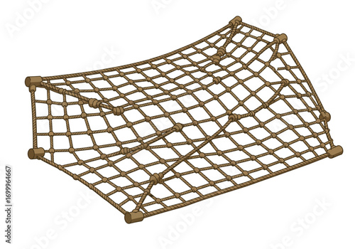 Brown Rope Climbing Net Structure with Wooden Supports.
