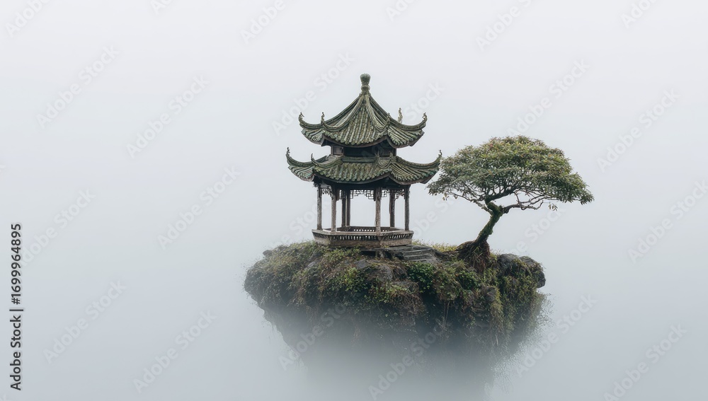 Obraz premium Misty Asian Pagoda on Floating Rock