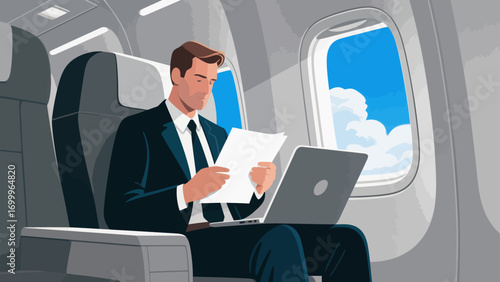 Business people travel by plane for business. Hand-drawn vector illustration