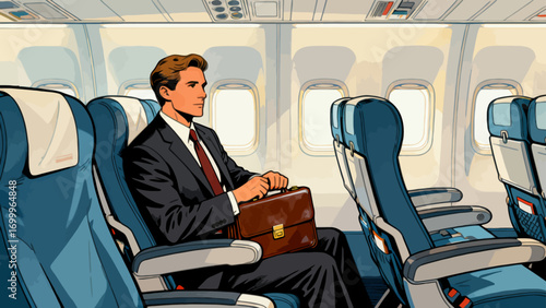 Business people travel by plane for business. Hand-drawn vector illustration