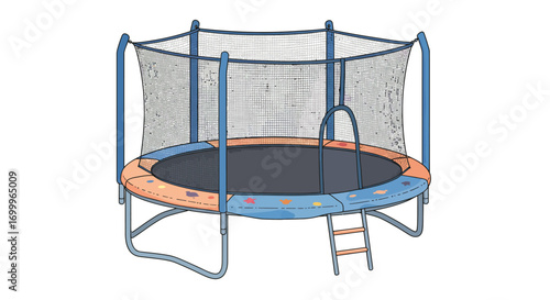 Colorful Round Trampoline with Safety Net and Ladder for Kids.