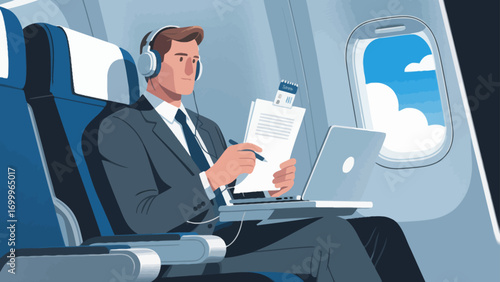 Business people travel by plane for business. Hand-drawn vector illustration