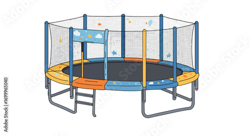 Colorful Trampoline with Safety Net and Star Decorations for Kids.