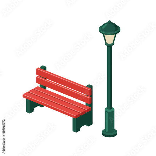 Isometric Red Bench and Green Streetlight Illustration.