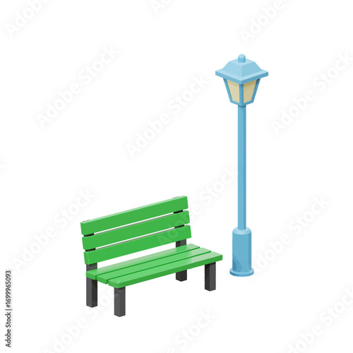 Isometric Green Park Bench and Blue Streetlight Illustration.