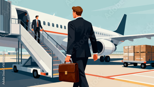 Business people travel by plane for business. Hand-drawn vector illustration